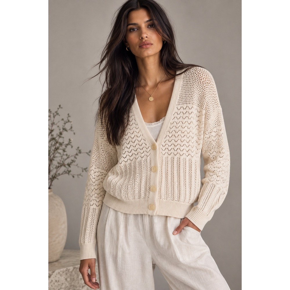 Anthropologie Artelier Nicole Miller Cardigan Womens M Cream Pointelle Knit Boho